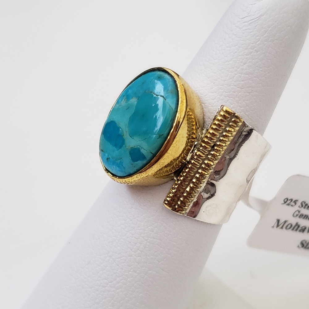 925 Sterling Silver & Brass Mohave Turquoise Ring Size 6.5 - Picture 2 of 9